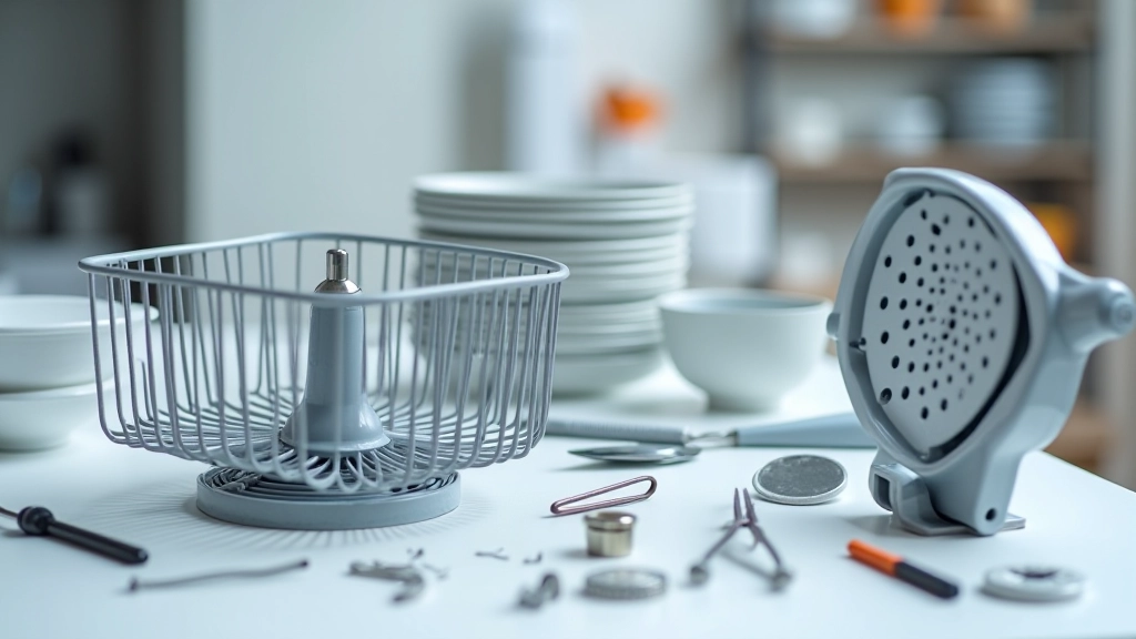 Dishwasher filter and spray arm components laid out on work surface for cleaning