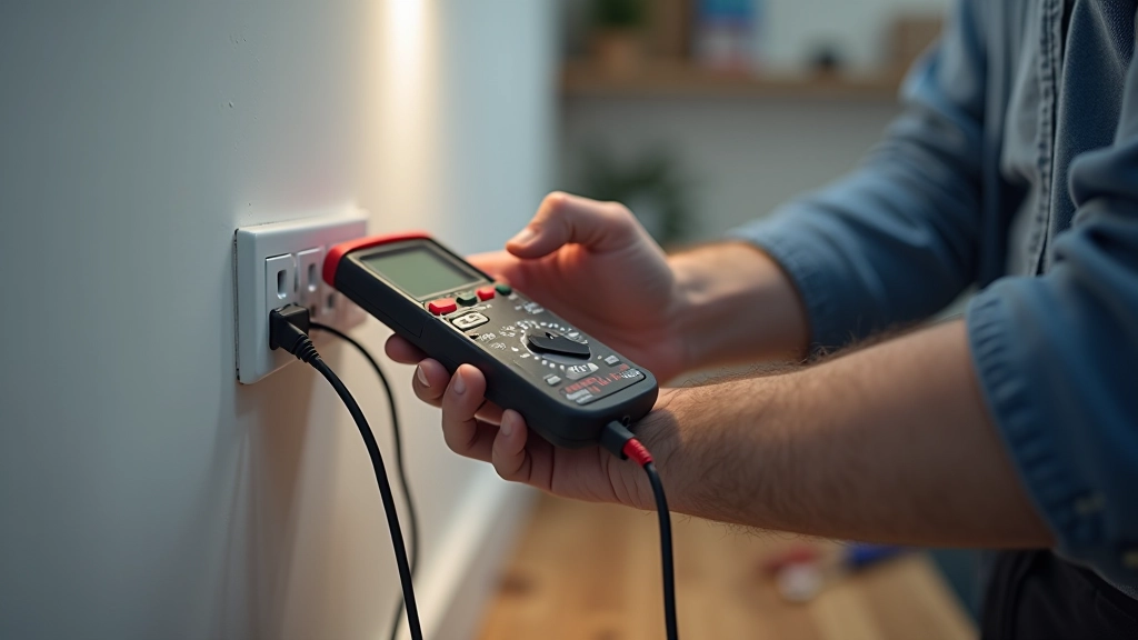 Electrical outlet and power cord being tested with multimeter device
