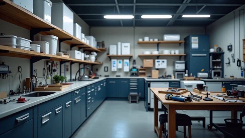 Well-organized repair workshop with tools, spare parts, and equipment neatly arranged on shelves