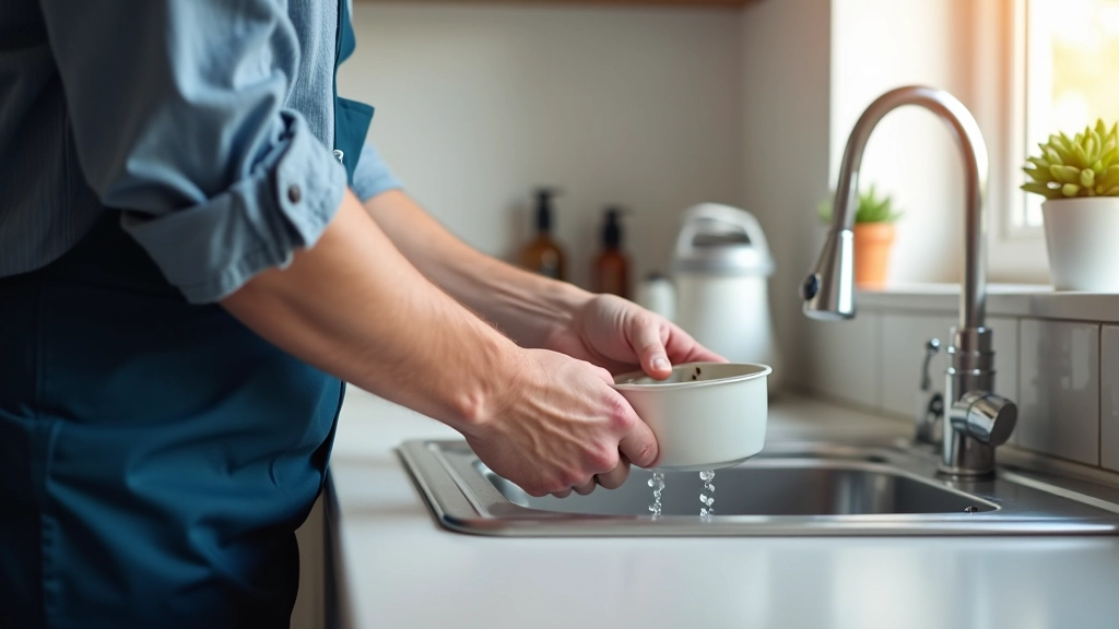 Dishwasher filter being rinsed under warm running water in a kitchen sink