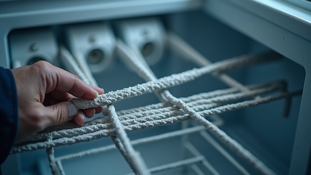 Close-up view of refrigerator condenser coils showing dust and debris buildup