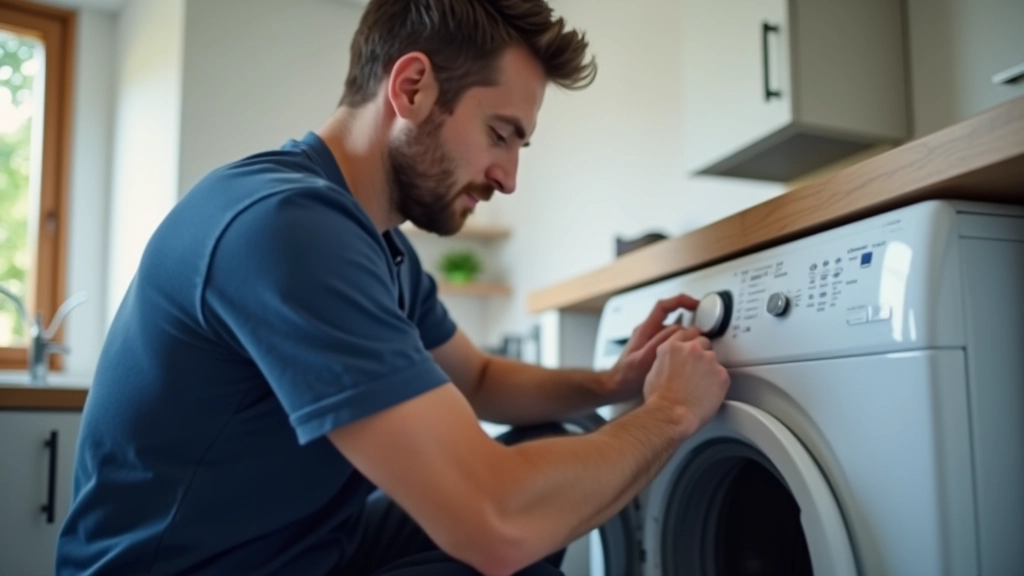 Professional technician repairing washing machine in modern kitchen