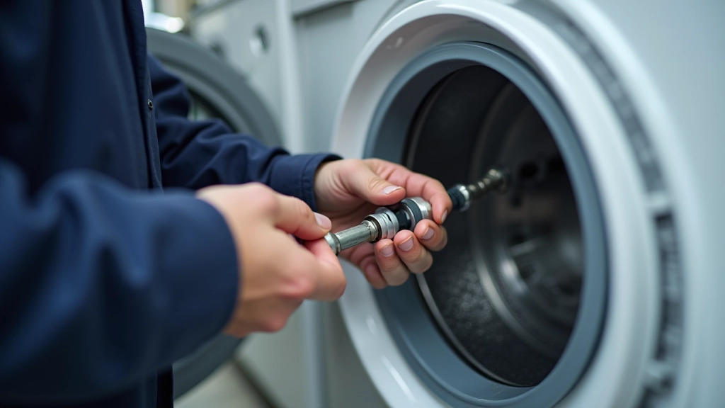 Technician inspecting washing machine hose connections at the back of the unit