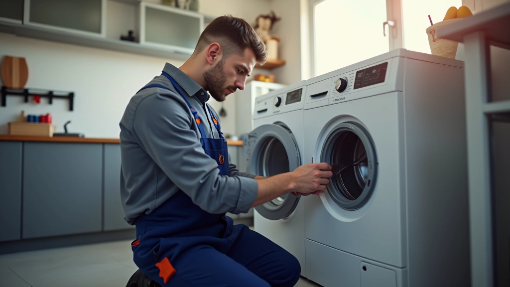 Technician repairing a modern washing machine in a home laundry room