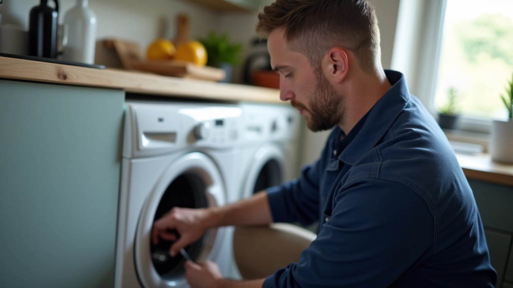 Professional appliance technician working on washing machine repair in a home setting